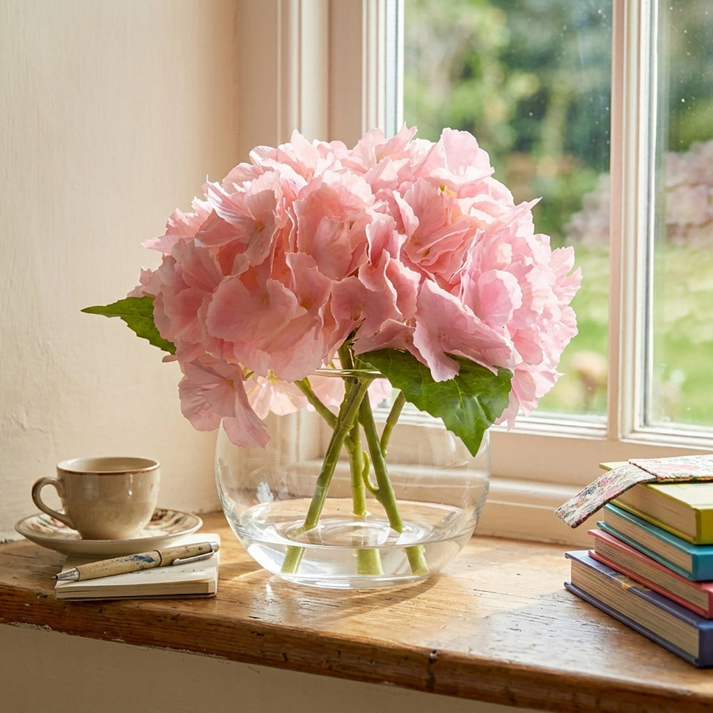 Artificial Hydrangea Flowers in Glass Vase | Lifelike Faux Floral Arrangement for Home Office Dining Table Decor