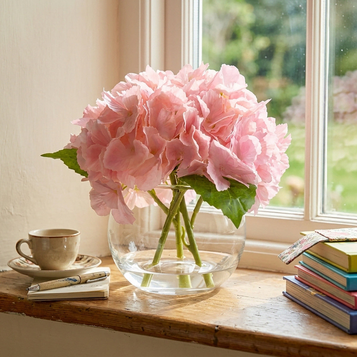 Artificial Hydrangea Flowers in Glass Vase | Lifelike Faux Floral Arrangement for Home Office Dining Table Decor