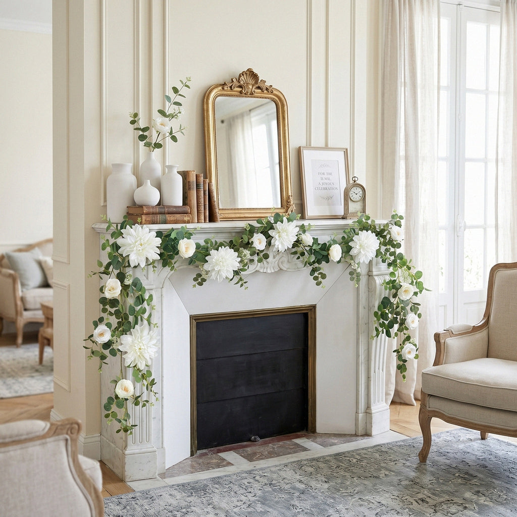 Artificial Flower Garland with White Dahlia Rose and Eucalyptus Leaves Wedding Arch Backdrop Home Wall Hanging Decor