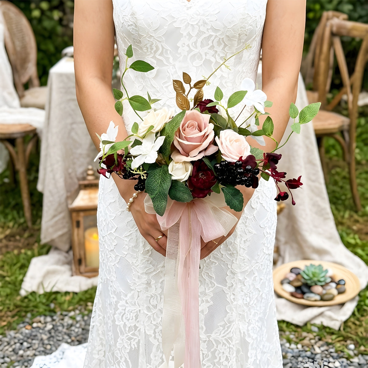 Burgundy & Dusty Pink Rose Bouquet with Peony & Eucalyptus | Wedding Bridal Flowers