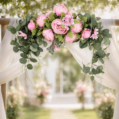 Artificial pink peony hydrangea eucalyptus arch swag 70cm on rustic wood wedding arch with white drape fabric – IPOPU
