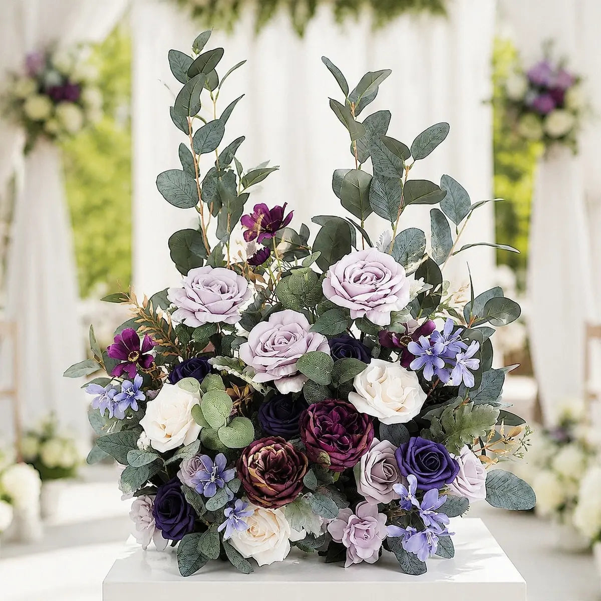 Artificial lavender purple rose peony eucalyptus centerpiece set of 2 on white pedestal at outdoor wedding arch – IPOPU
