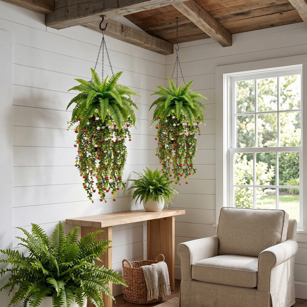 Artificial Hanging Fern Plant with Red and White Flower Vines Fake Boston Fern Wall Basket Greenery for Home Garden Patio Porch Ceiling Decor