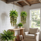 Artificial Hanging Fern Plant with Red and White Flower Vines Fake Boston Fern Wall Basket Greenery for Home Garden Patio Porch Ceiling Decor