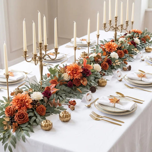 6FT Burnt Orange Eucalyptus and Rose Garland Styled as Fall Wedding Table Runner with Candelabras