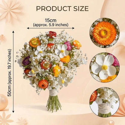 Dried flower bouquet size chart, 15cm x 50cm, 5.9in x 19.7in, white daisy, orange strawflower and baby's breath, stem and petal detail closeups