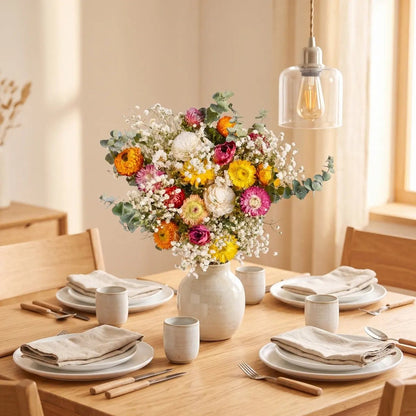 Colorful dried flower bouquet in white ceramic vase on fireplace mantel with pumpkins, candles and fall leaves, Thanksgiving home decor