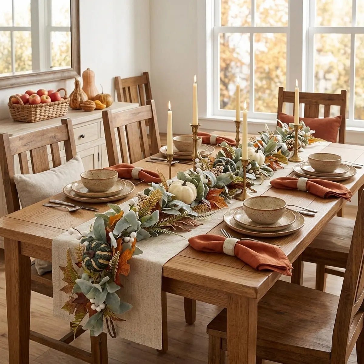 Fall eucalyptus garland used as dining table runner for Thanksgiving dinner party decor – IPOPU

