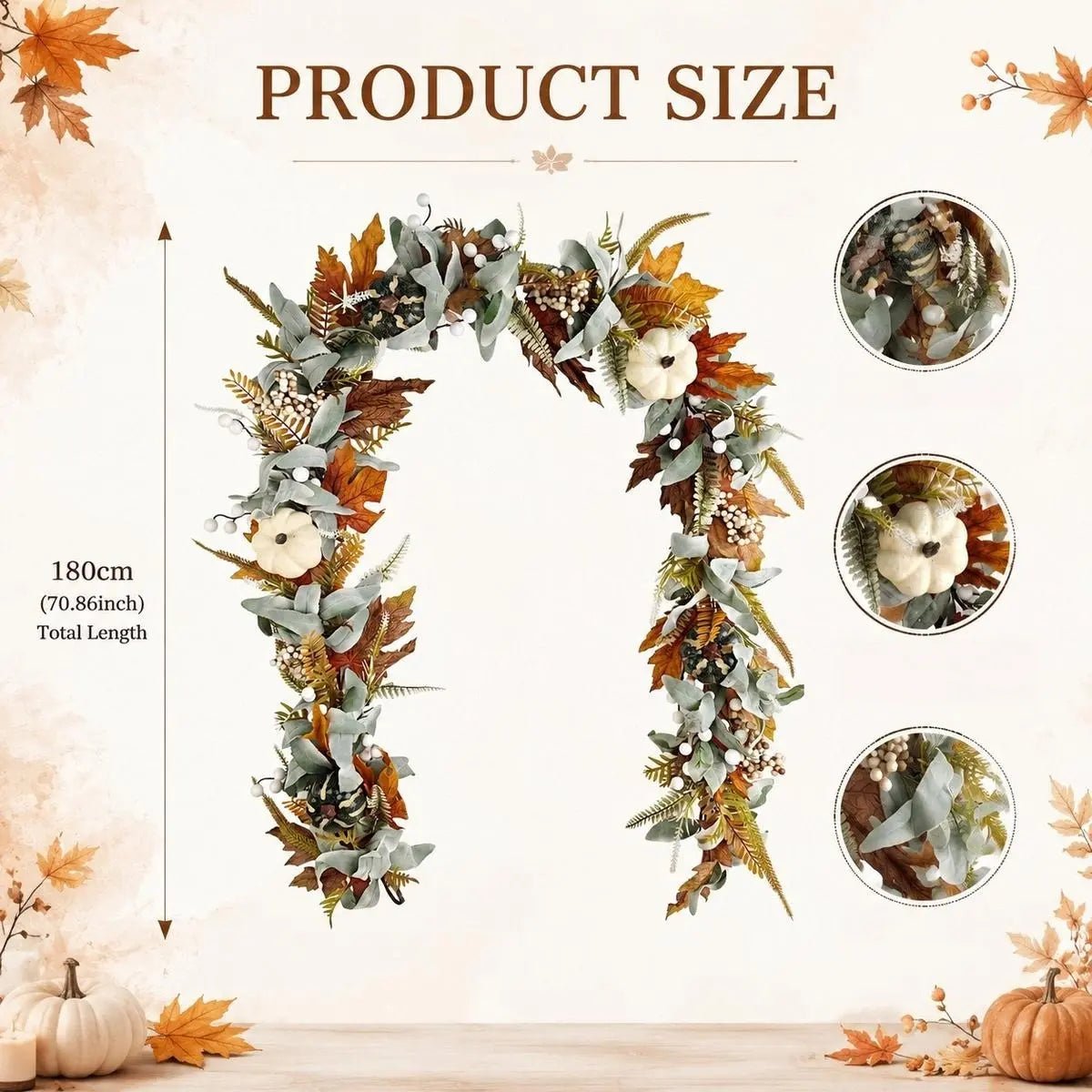 Fall eucalyptus floral garland product size chart dimensions with matching wreath set reference – IPOPU

