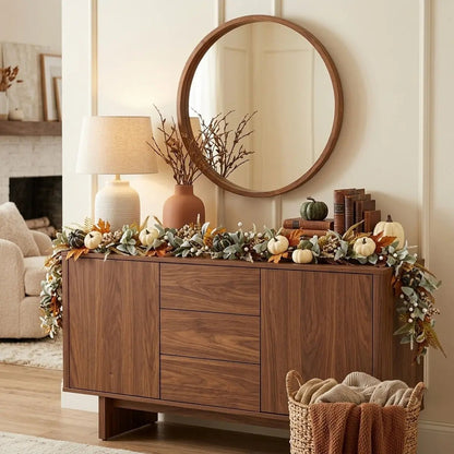 Autumn eucalyptus rose garland styled on entryway console table with mirror Thanksgiving decor – IPOPU
