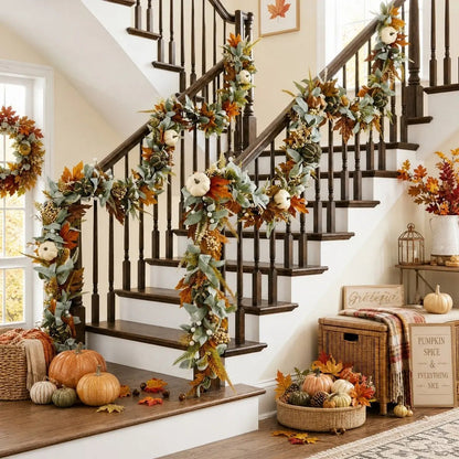 Fall floral garland with cream roses and eucalyptus wrapped around staircase railing – IPOPU
