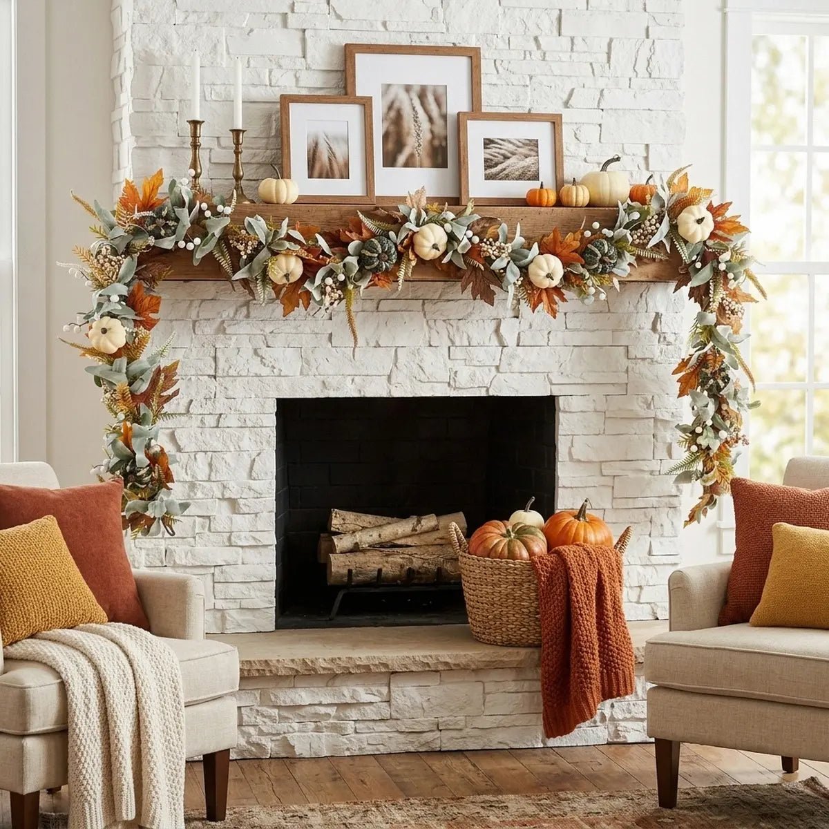 Fall eucalyptus floral garland draped over fireplace mantel arch with roses and cotton stems – IPOPU

