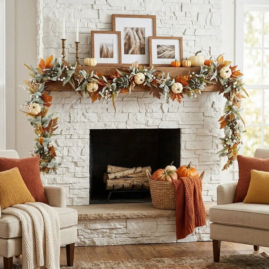 Fall eucalyptus floral garland draped over fireplace mantel arch with roses and cotton stems – IPOPU
