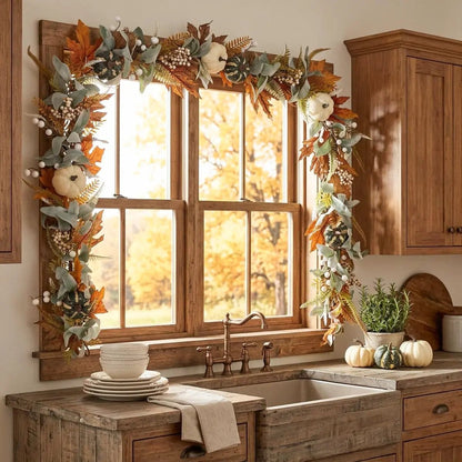 Fall eucalyptus floral garland draped around window frame cozy autumn home styling – IPOPU
