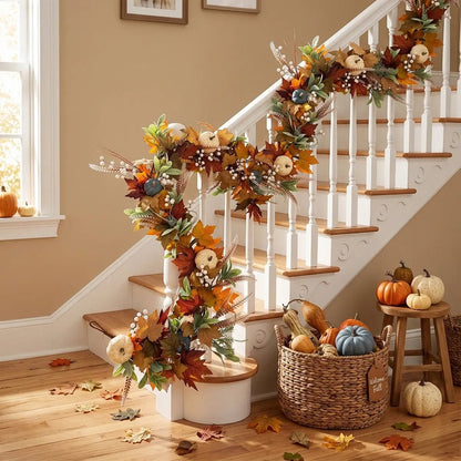 6FT fall maple leaves and pumpkin garland with orange, red and yellow maple leaves, white berry clusters, blue-grey and white faux pumpkins and wheat sprays, wound along a white painted staircase railing from bottom to top, with a wicker basket of real pumpkins and gourds, a Welcome Fall tag, and a wooden stool with assorted white and orange pumpkins at the base, with scattered autumn leaves on the hardwood floor