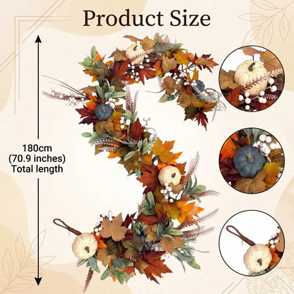 Fall maple leaves and pumpkin garland product size chart showing 180cm (70.9 inch / 6FT) total length, with close-up detail callouts of white speckled faux pumpkin with white berry cluster and wheat spray, blue-grey faux pumpkin with orange maple leaf, and brown leather hanging loop at garland end

