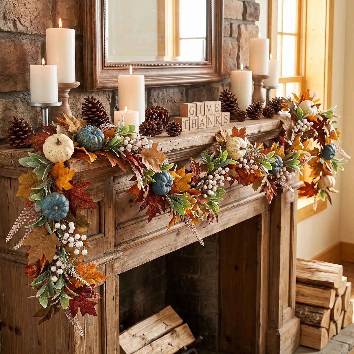 6FT fall maple leaves and pumpkin garland with orange, red and yellow maple leaves, white berry clusters, blue-grey and white faux pumpkins, pinecones and wheat sprays, draped across a rustic stone fireplace mantel with white pillar candles on silver candlestick holders and a Give Thanks wooden block sign, with stacked firewood beside the hearth in a warm autumn living room
