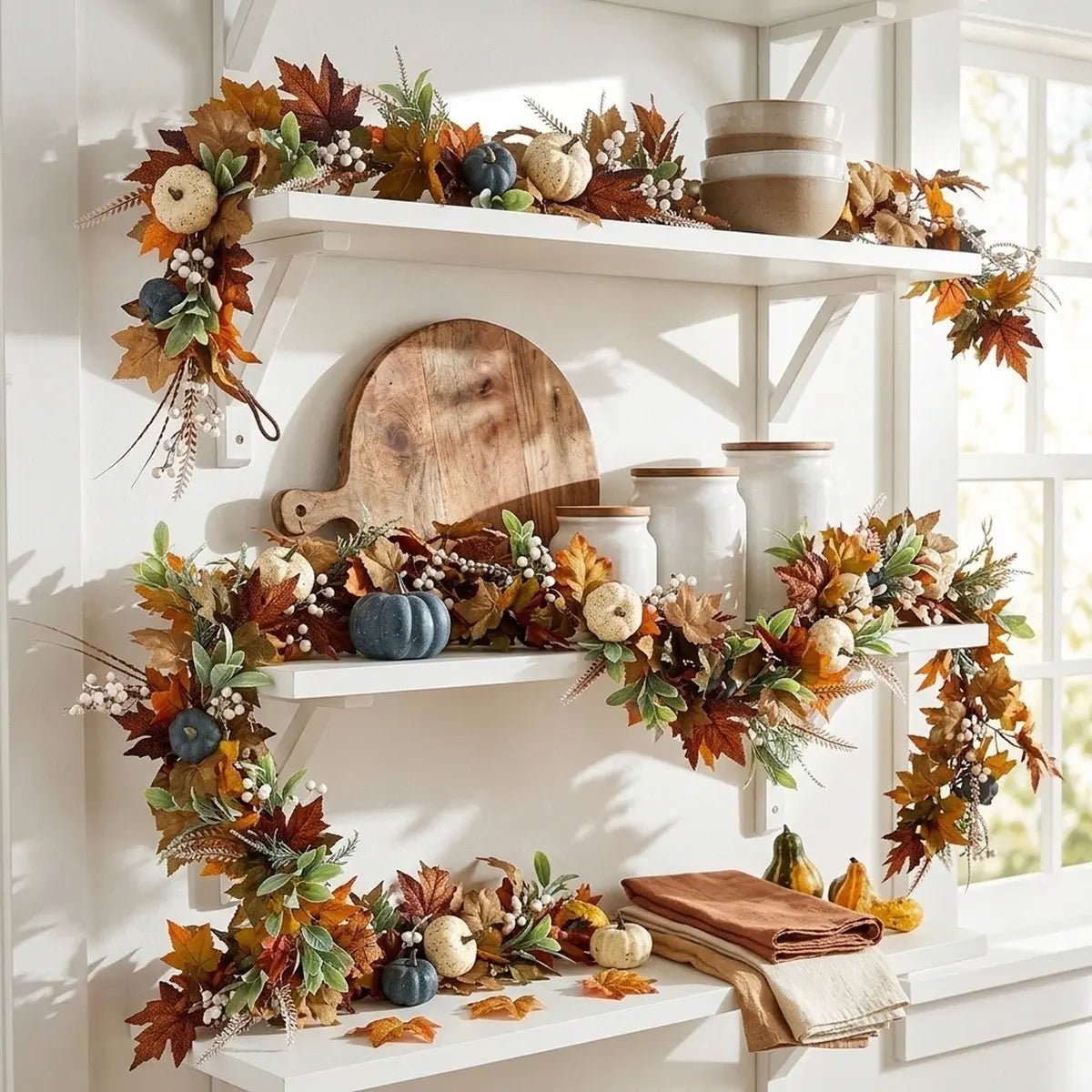 6FT fall maple leaves and pumpkin garland with orange, red and yellow maple leaves, white berry clusters, blue-grey and white faux pumpkins and wheat sprays, draped across two levels of white floating kitchen shelves styled with a round wood cutting board, white ceramic canisters with bamboo lids, stacked neutral bowls, a terracotta linen napkin and a small gourd, in a bright white farmhouse kitchen with large windows