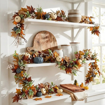 6FT fall maple leaves and pumpkin garland with orange, red and yellow maple leaves, white berry clusters, blue-grey and white faux pumpkins and wheat sprays, draped across two levels of white floating kitchen shelves styled with a round wood cutting board, white ceramic canisters with bamboo lids, stacked neutral bowls, a terracotta linen napkin and a small gourd, in a bright white farmhouse kitchen with large windows