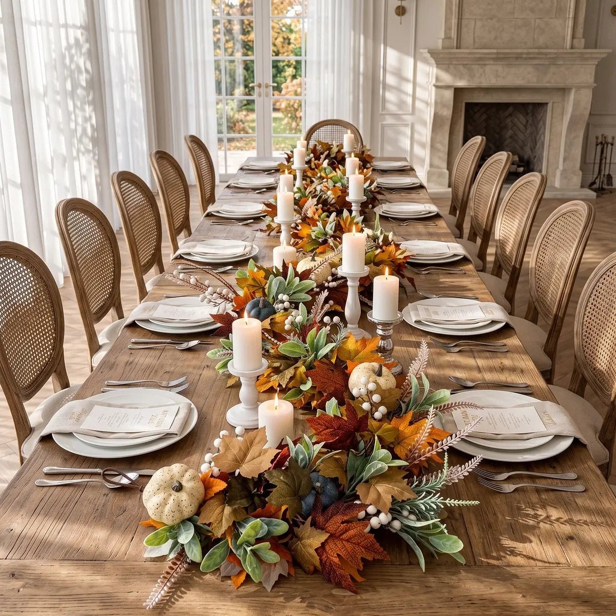 6FT fall maple leaves and pumpkin garland with orange, red and yellow maple leaves, white berry clusters, blue-grey and white faux pumpkins, lamb's ear greenery and wheat sprays, used as a table centerpiece runner down the center of a long rustic wood farm dining table set for a Thanksgiving dinner with white porcelain plates, silver cutlery, linen napkins and white pillar candles on turned wood candlestick holders, in a bright dining room with floor-to-ceiling white curtains and a marble fireplace