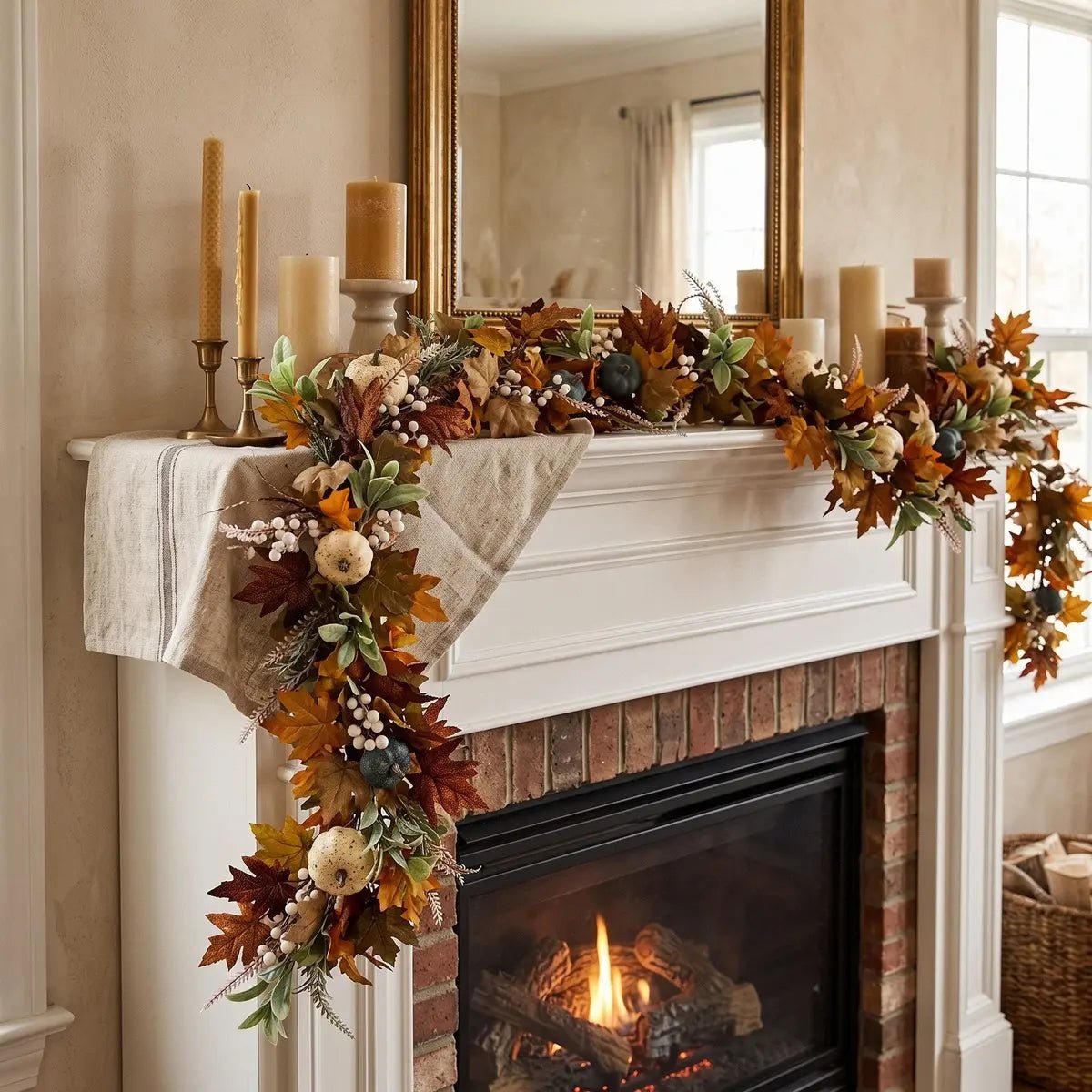 6FT fall maple leaves and pumpkin garland with orange, red and burgundy maple leaves, white berry clusters, blue-grey and white faux pumpkins and wheat sprays, draped across a white painted fireplace mantel and cascading down the side, styled with a linen grain sack runner, amber taper candles in antique brass candlestick holders and white pillar candles, with a gold ornate mirror above and a lit fireplace below, in a warm neutral autumn living room