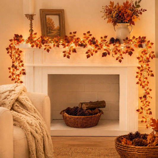 Artificial fall maple leaf garland styled on fireplace mantel Thanksgiving home decor – IPOPU
