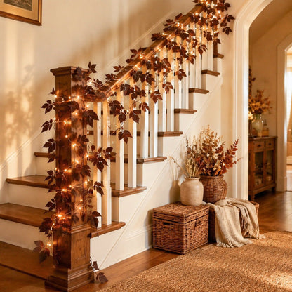 Brown maple leaf fall garland wrapped around staircase railing autumn styling – IPOPU

