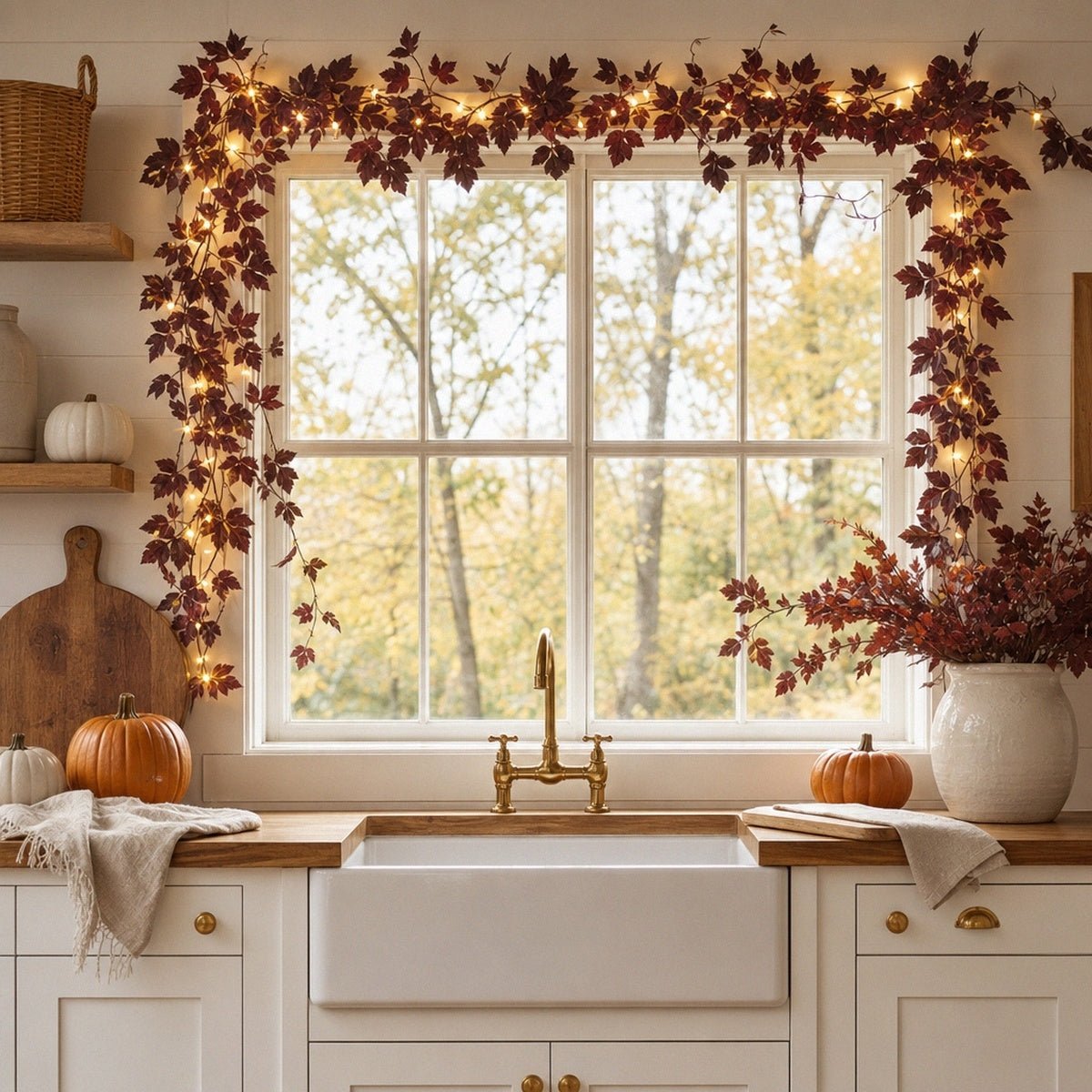 Brown fall maple leaf vine garland draped around kitchen window frame autumn decor – IPOPU

