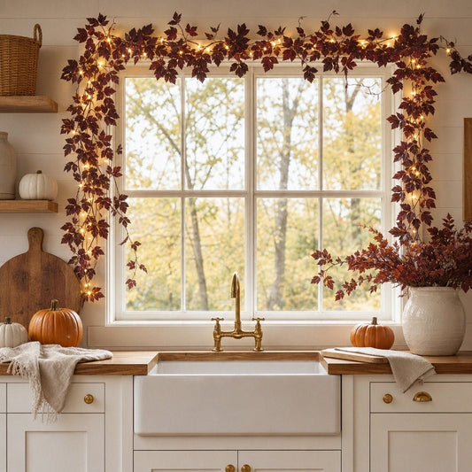 Brown fall maple leaf vine garland draped around kitchen window frame autumn decor – IPOPU
