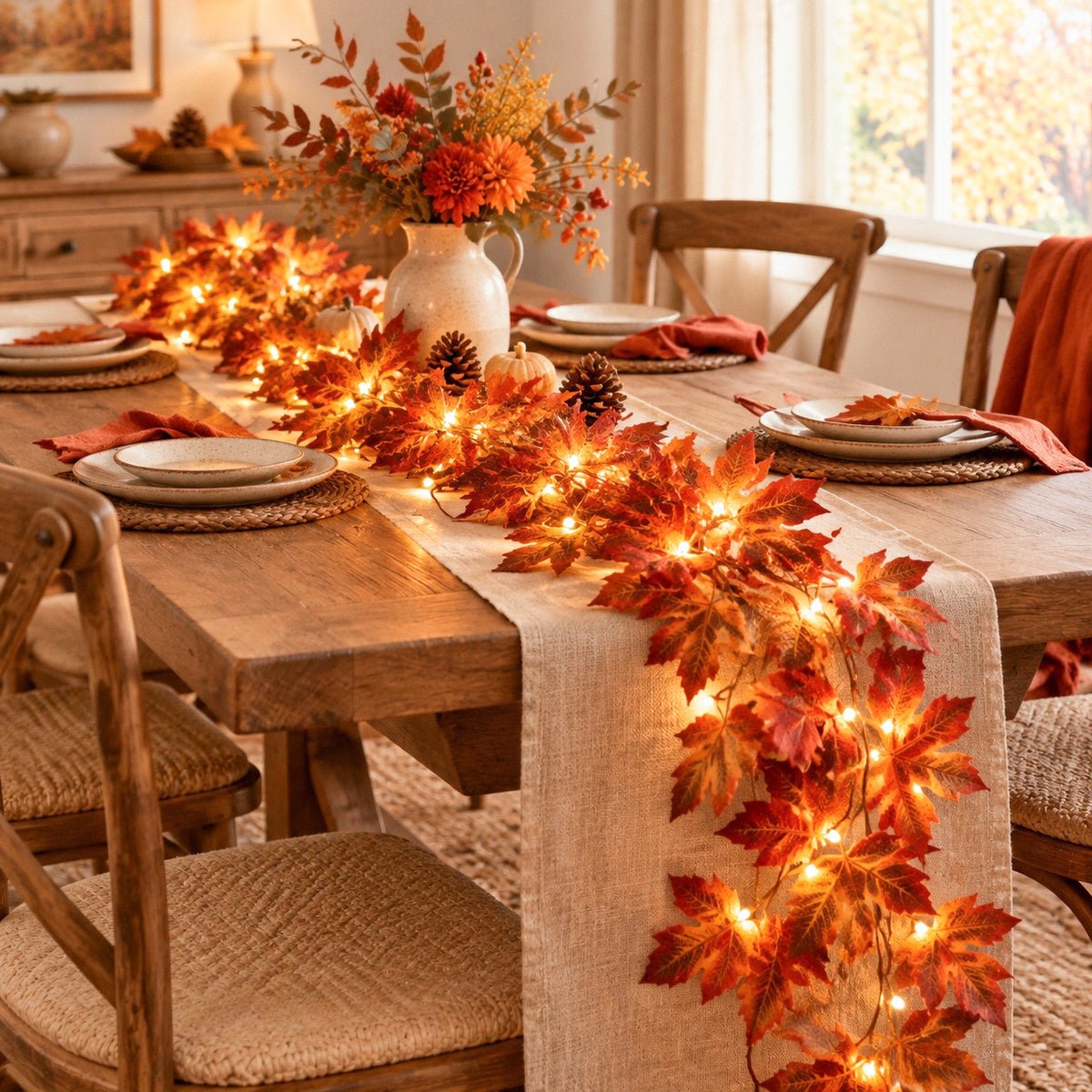 Fall maple leaf vine garland as dining table runner with warm lights Thanksgiving decor – IPOPU
