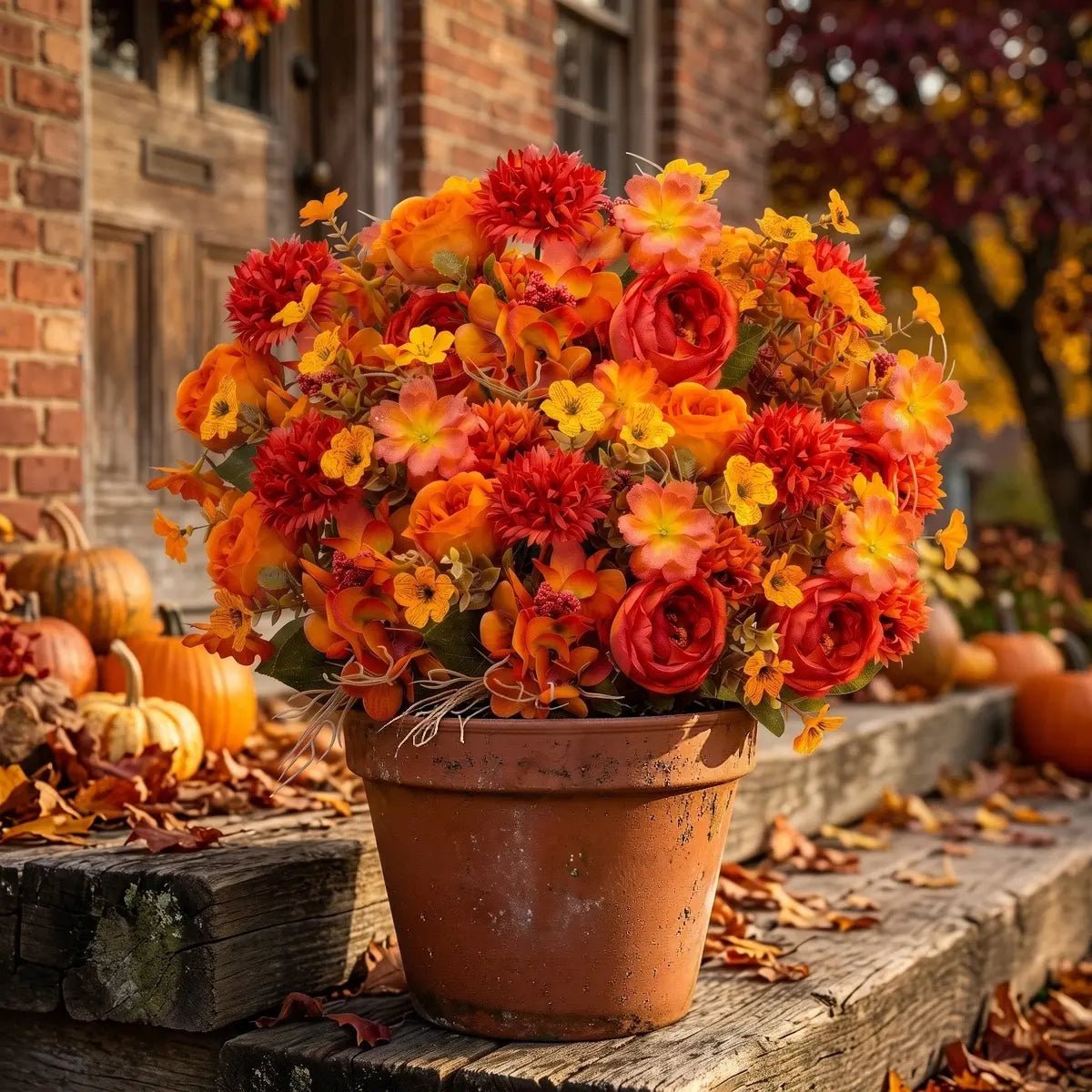 Fall Orange Mum Potted Plant Arrangement Set – Porch, Patio & Table Decor
