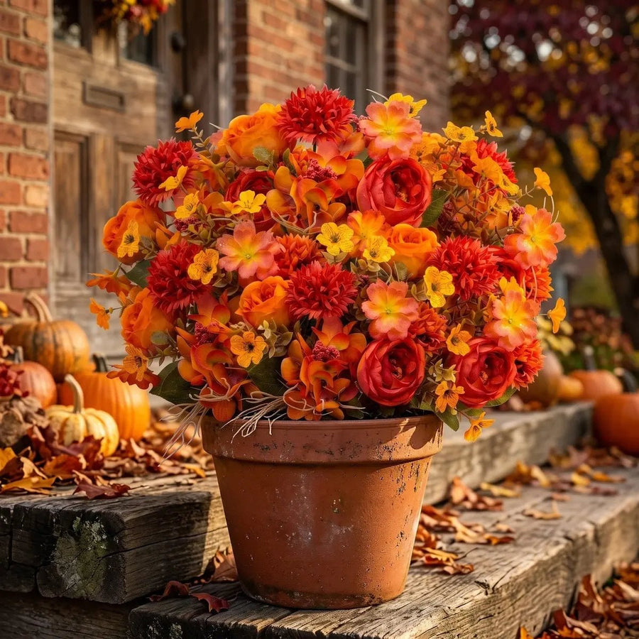 Fall Orange Mum Potted Plant Arrangement Set – Porch, Patio & Table Decor
