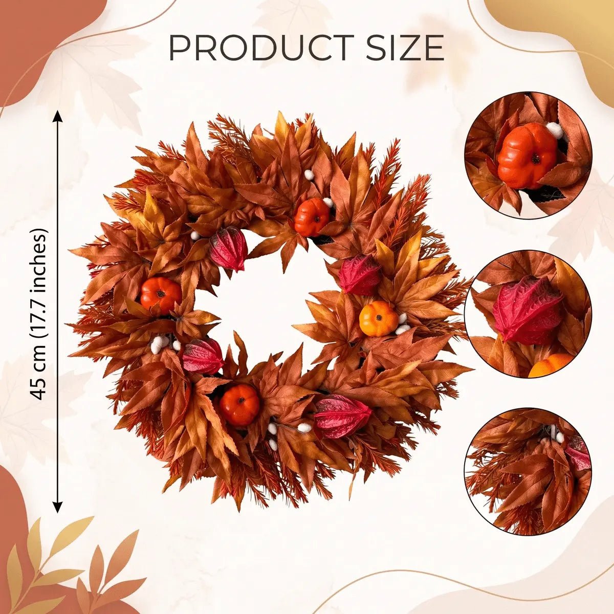 Product size chart for large fall wreath showing diameter measurement with maple leaves, pumpkins and acorn detail callouts