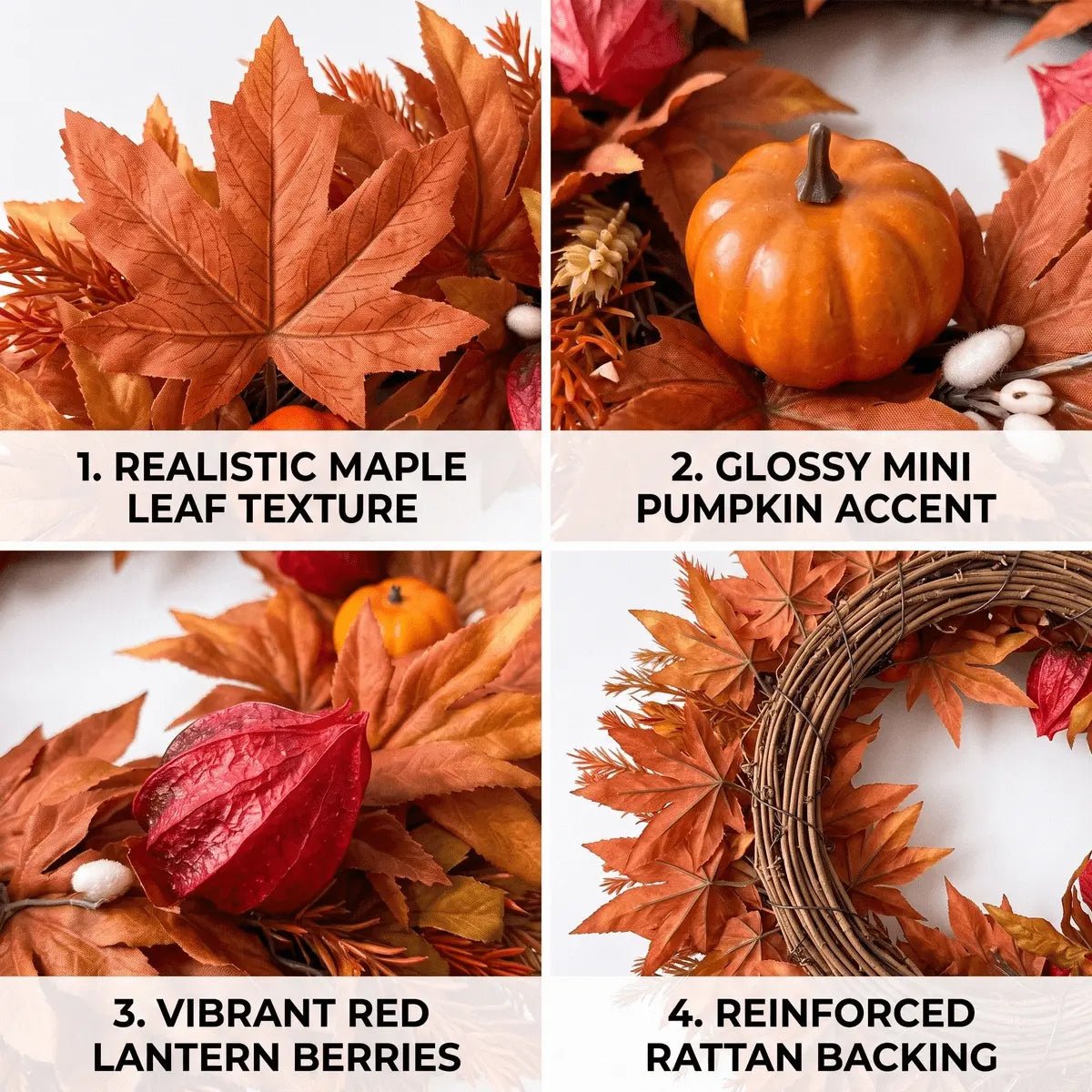 Close-up detail of artificial maple leaves in red orange and yellow, faux acorns and mini pumpkins on fall harvest wreath