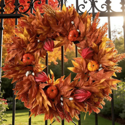 Fall wreath with artificial maple leaves, fake pumpkins and sunflower displayed on a wooden porch wall for outdoor autumn harvest decor