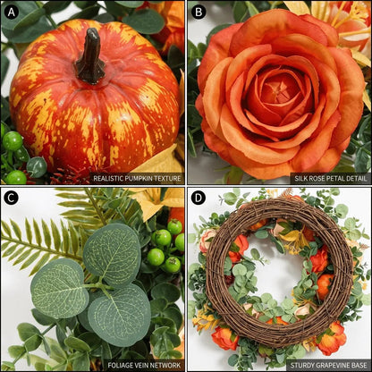 Close-up detail of artificial hydrangea, peony flowers, mini pumpkins and eucalyptus leaves on fall harvest twig-base wreath