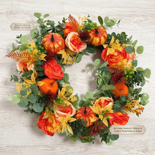 Hydrangea peony pumpkin harvest wreath hung on a white front door for farmhouse Thanksgiving autumn home decor
