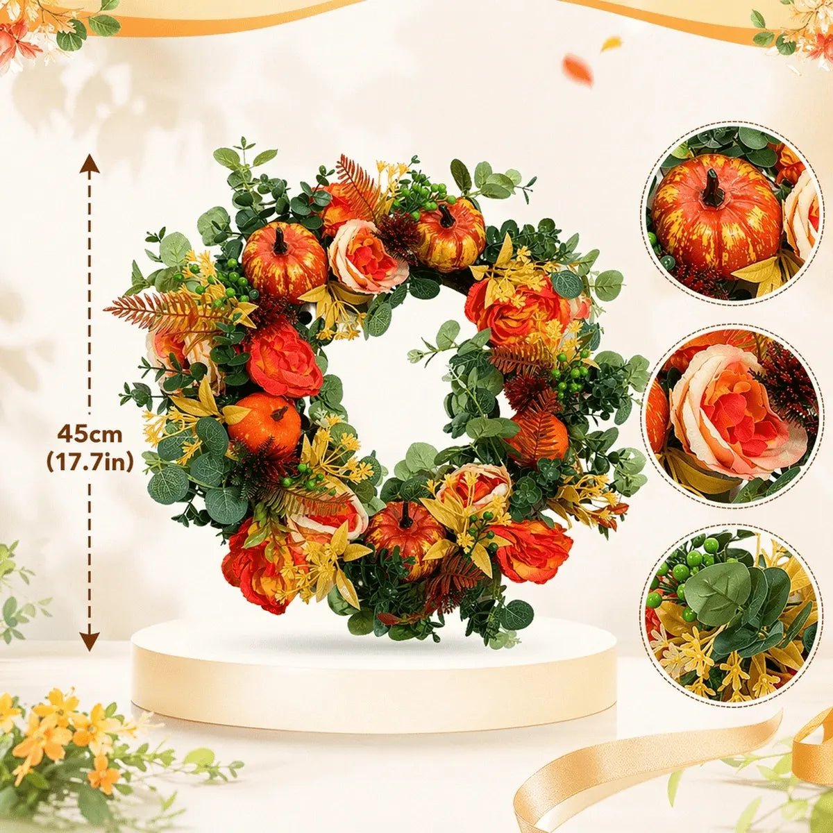 Product size chart for fall front door wreath showing diameter measurement with hydrangea, peony and pumpkin detail callouts