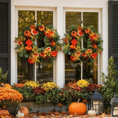 Fall harvest wreath with hydrangea, peony blooms and mini pumpkins displayed on a wooden wall for indoor farmhouse Thanksgiving decor