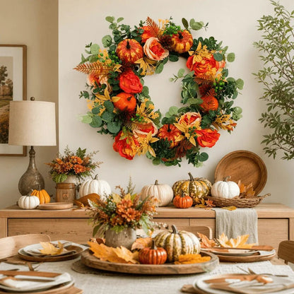 Fall front door wreath with hydrangea, peony, pumpkin and eucalyptus on a twig base, product flat lay showing full wreath detail for autumn harvest decor