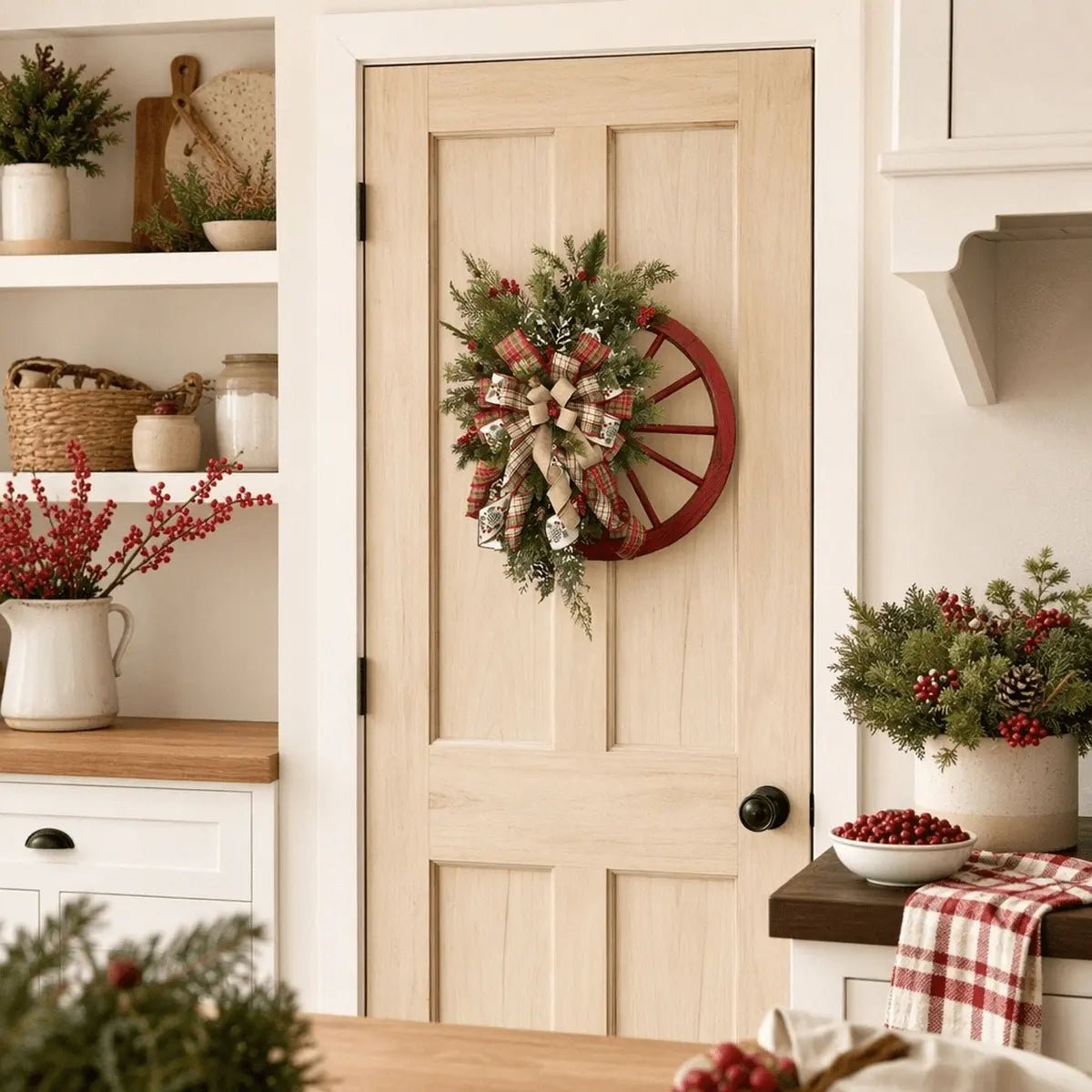 Rustic wooden roulette wheel Christmas wreath with buffalo plaid bow displayed above a holiday entryway console table