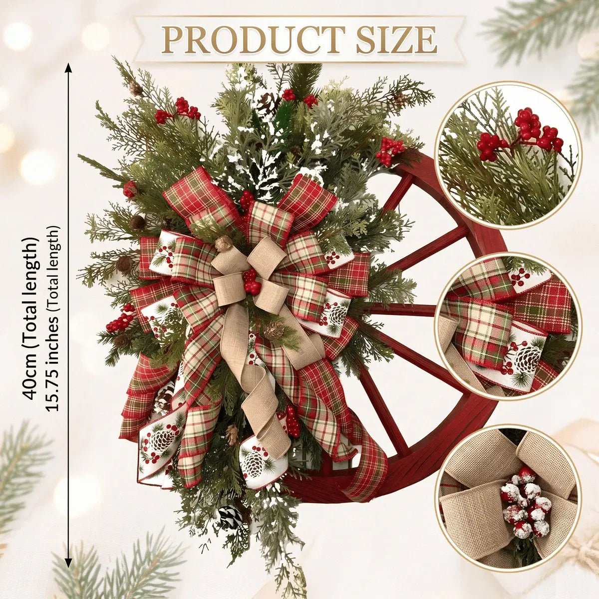 Product size chart for rustic wooden roulette wheel Christmas wreath showing 40cm (15.75 inch) diameter with detail callouts