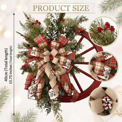 Product size chart for rustic wooden roulette wheel Christmas wreath showing 40cm (15.75 inch) diameter with detail callouts