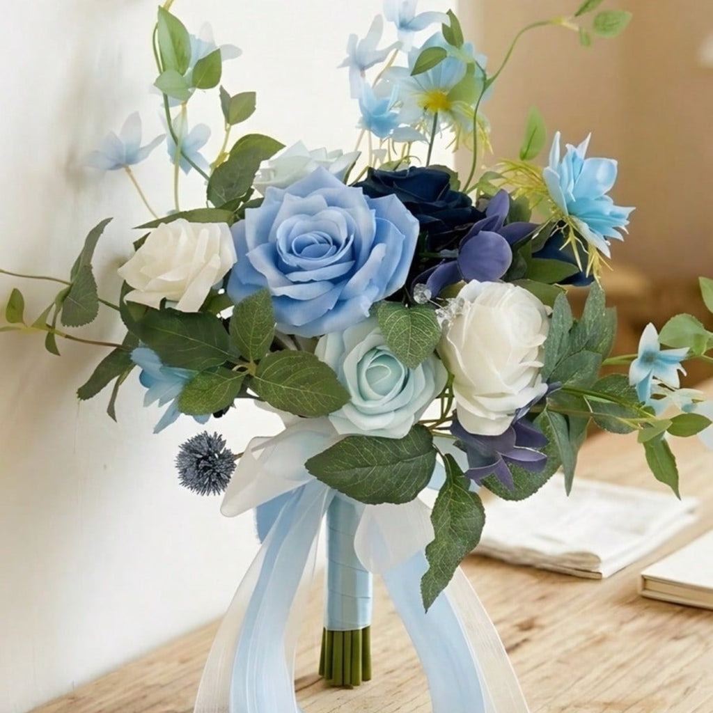 Dusty Blue & White Artificial Bridesmaid Bouquet with Ribbon | Wedding Ceremony Bridal