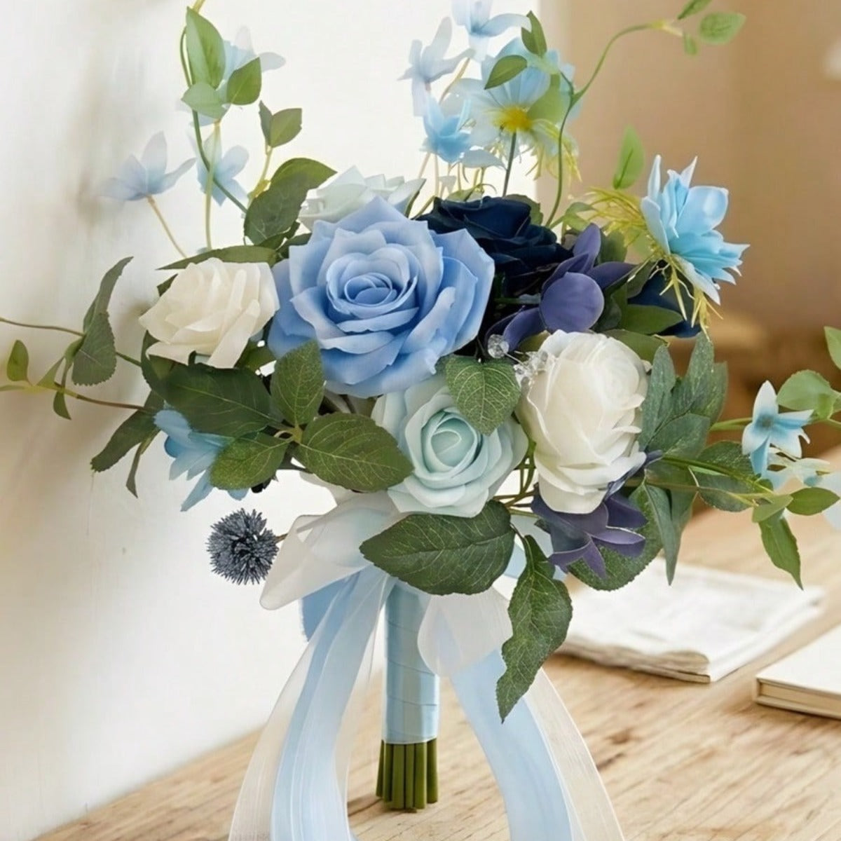 Dusty Blue & White Artificial Bridesmaid Bouquet with Ribbon | Wedding Ceremony Bridal