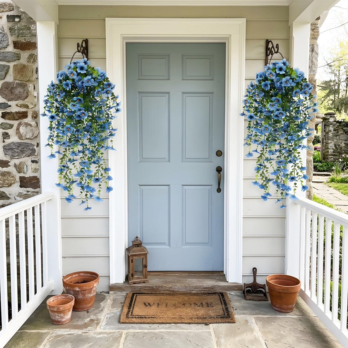 Artificial Hanging Flowers for Outdoors, Morning Glory Artificial Flowers with Eucalyptus Leaves, UV Resistant Fake Flower Realistic Faux Plants for Home Patio Porch Garden