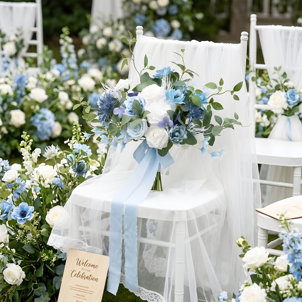 Dusty Blue Bridal Bouquet | Blue White Artificial Wedding Flowers Bride Bridesmaid