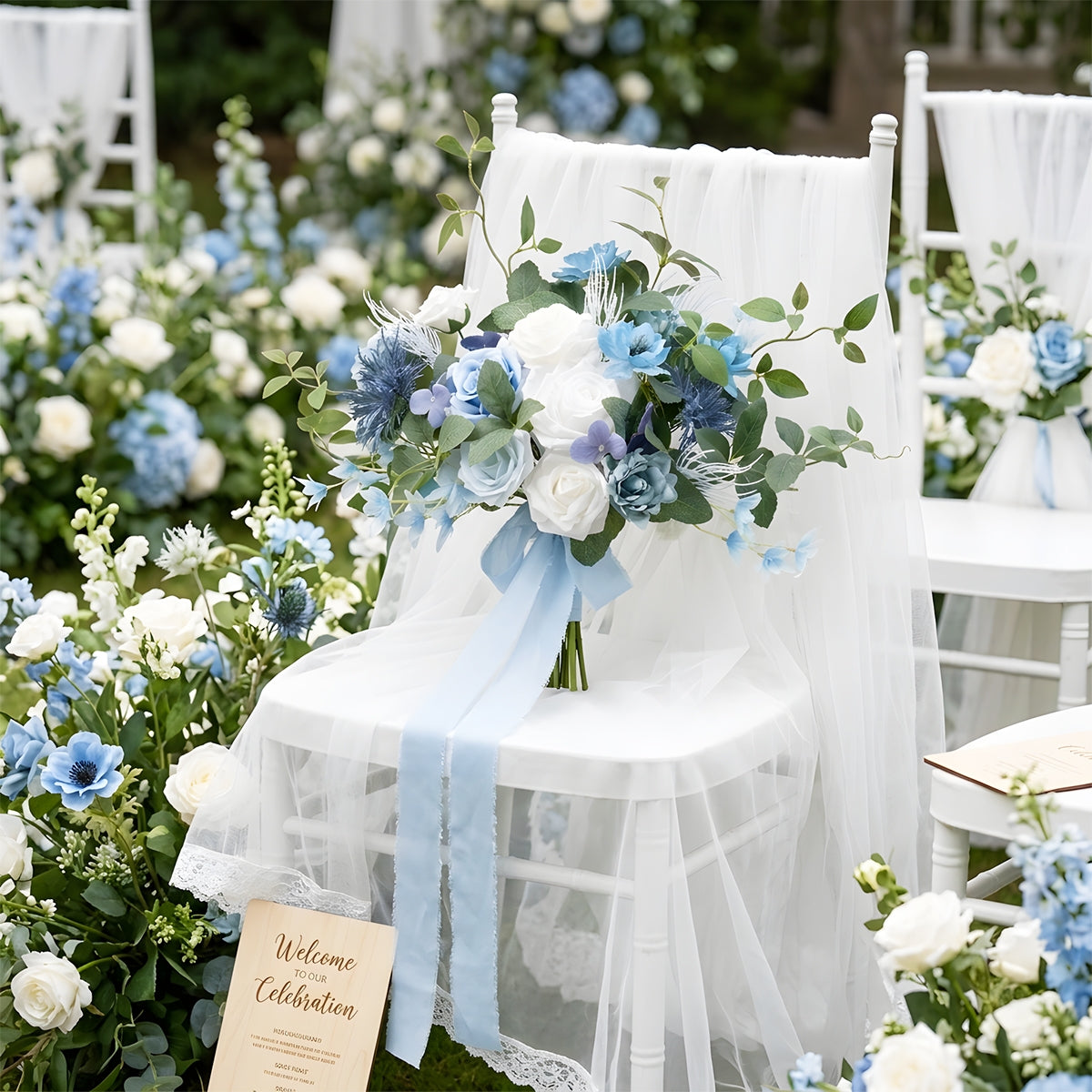 Dusty Blue Bridal Bouquet | Blue White Artificial Wedding Flowers Bride Bridesmaid