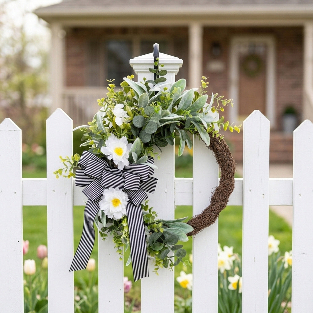 Classic Black and White Striped Bow Wreath Faux Greenery and White Floral Door Hanger Modern Farmhouse Spring Summer Decor for Front Door Wedding and Party Backdrop