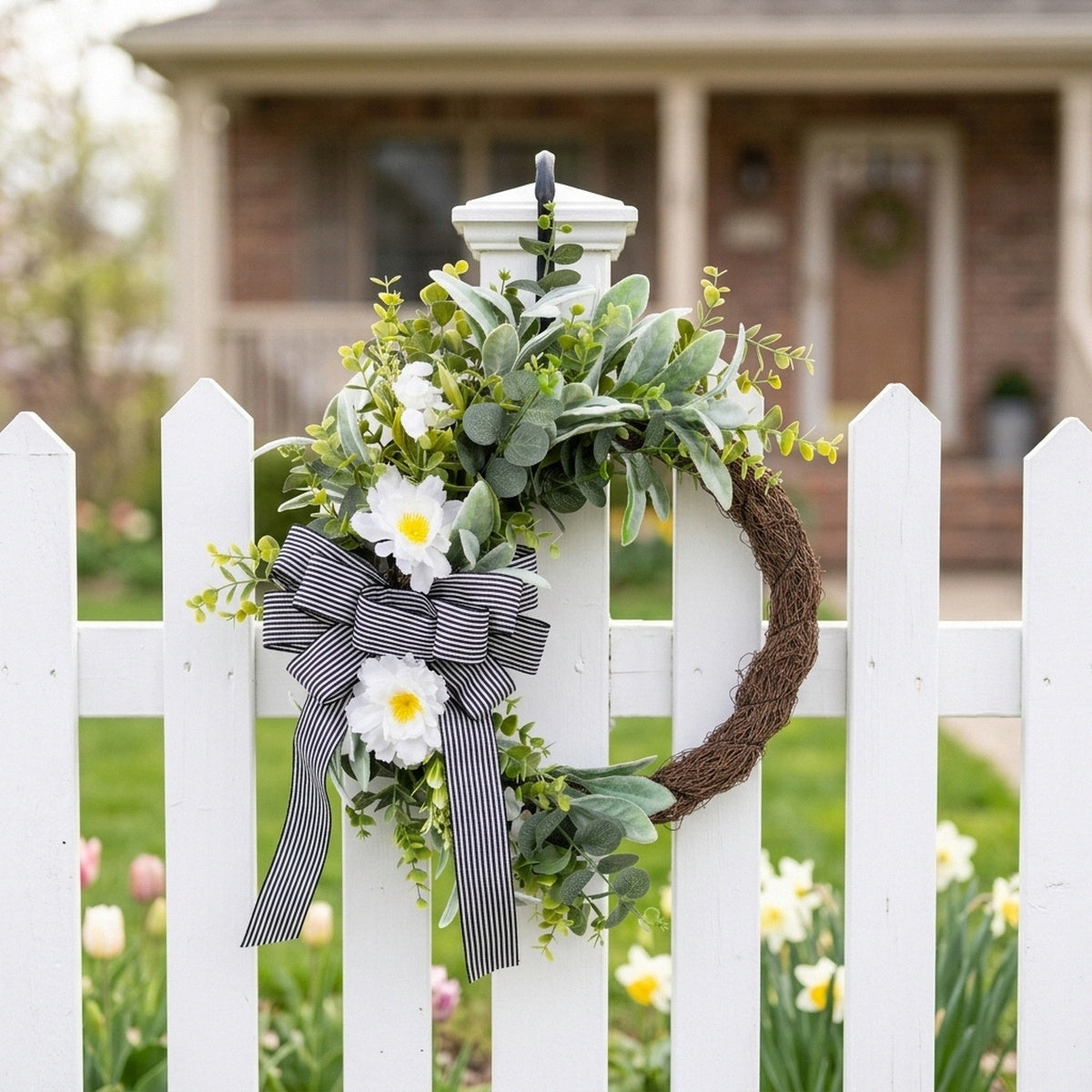 Classic Black and White Striped Bow Wreath Faux Greenery and White Floral Door Hanger Modern Farmhouse Spring Summer Decor for Front Door Wedding and Party Backdrop